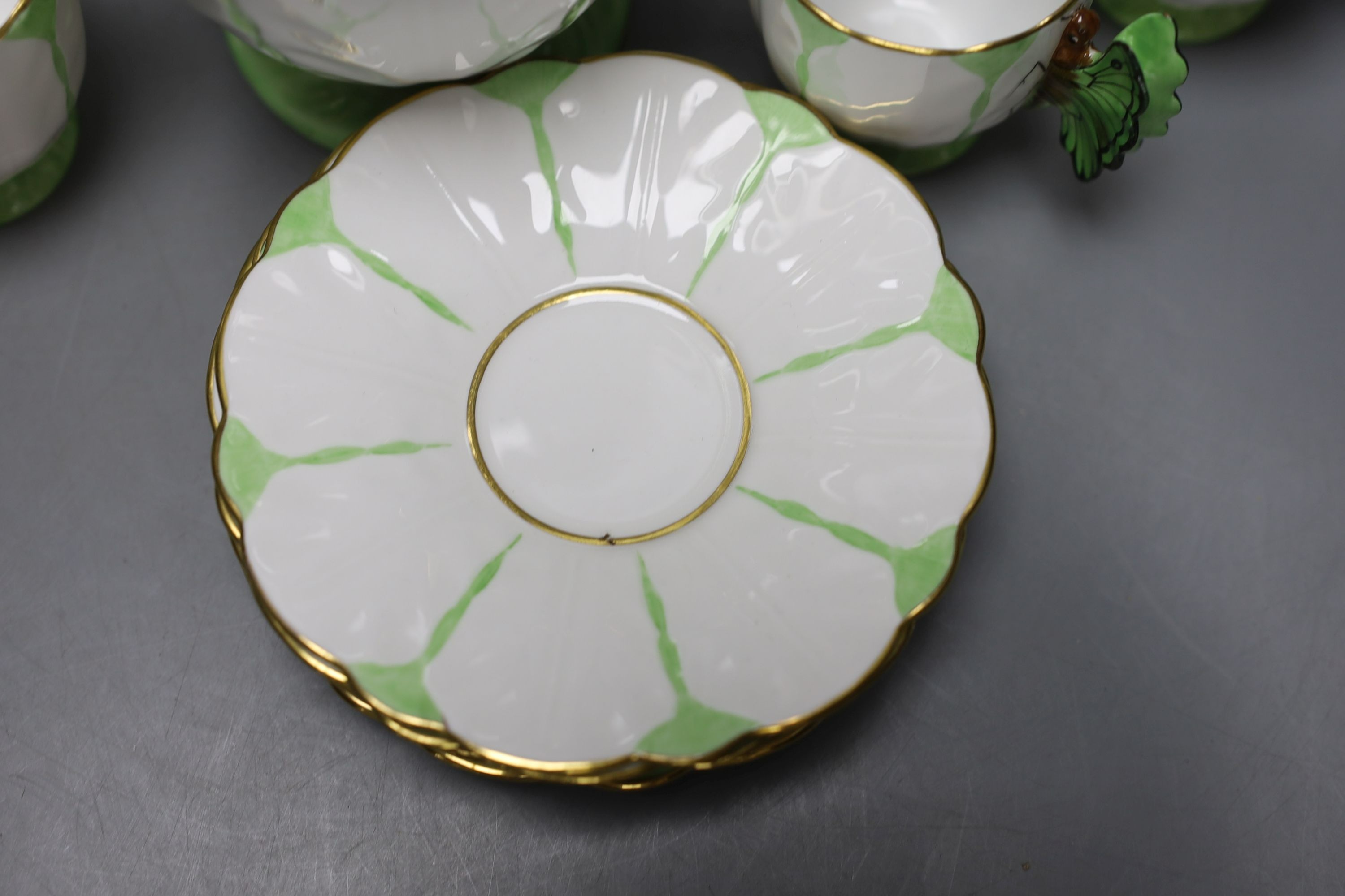 An Aynsley green and white butterfly handled part tea service